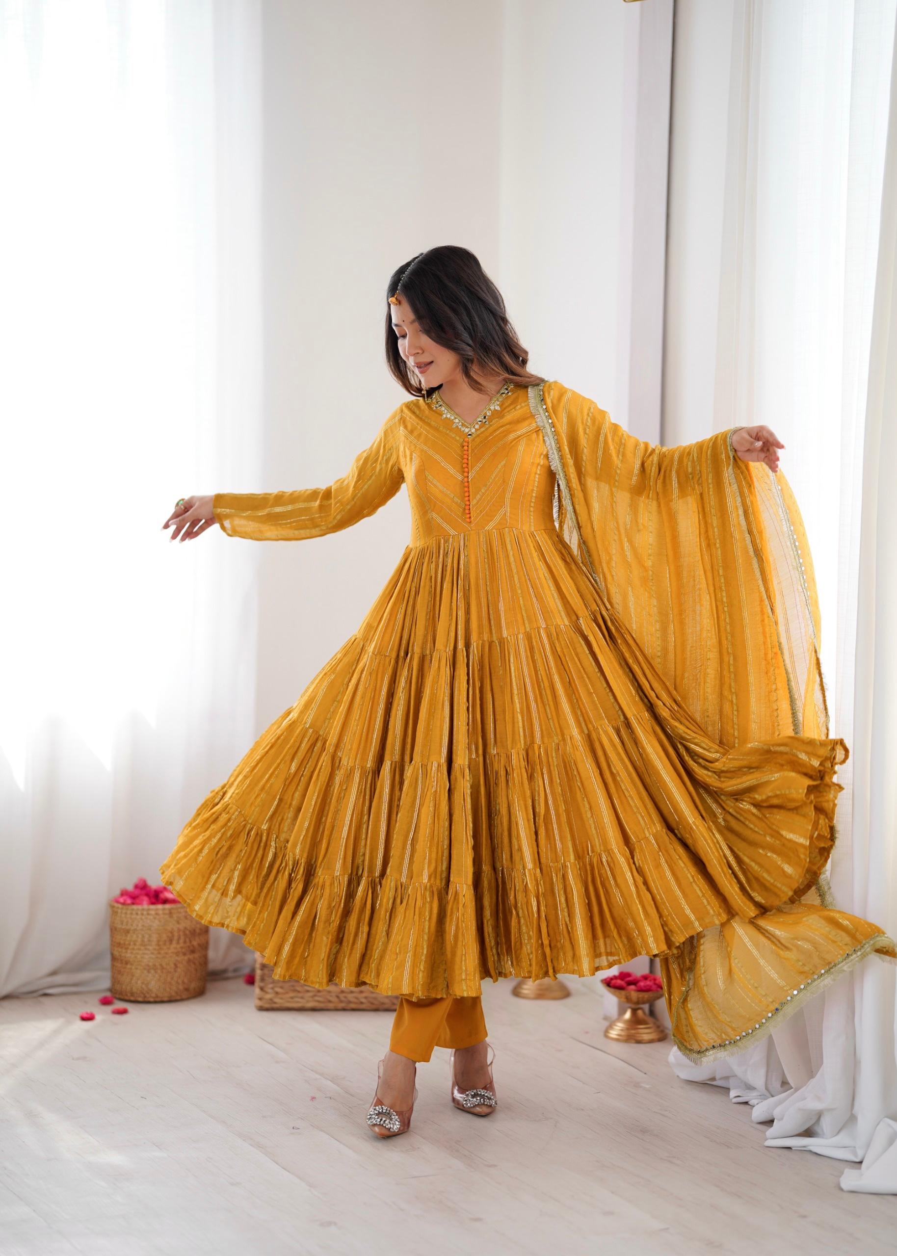 Yellow Mal Chanderi Ruffle Kurta Set