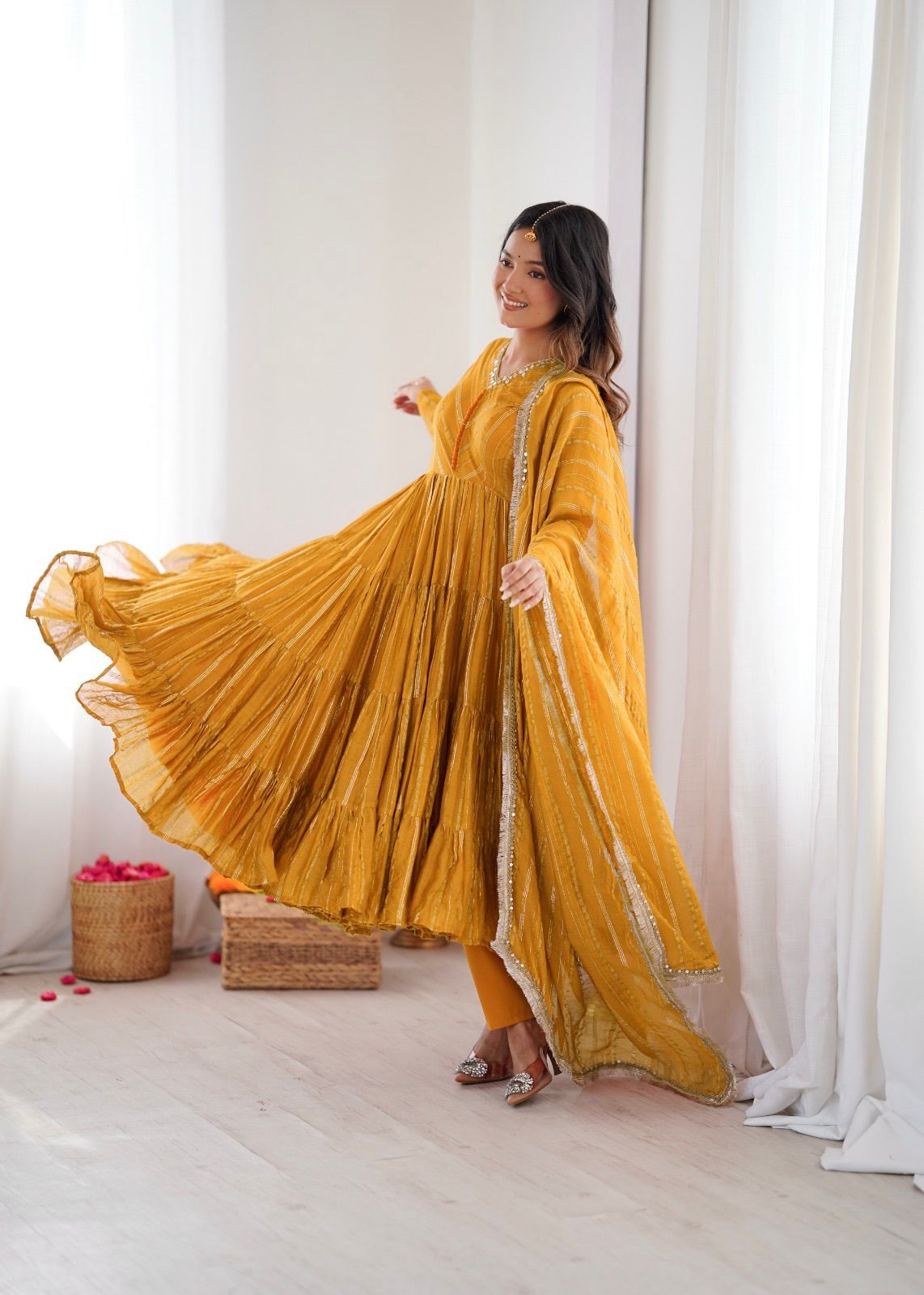 Yellow Mal Chanderi Ruffle Kurta Set