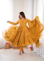 Yellow Mal Chanderi Ruffle Kurta Set