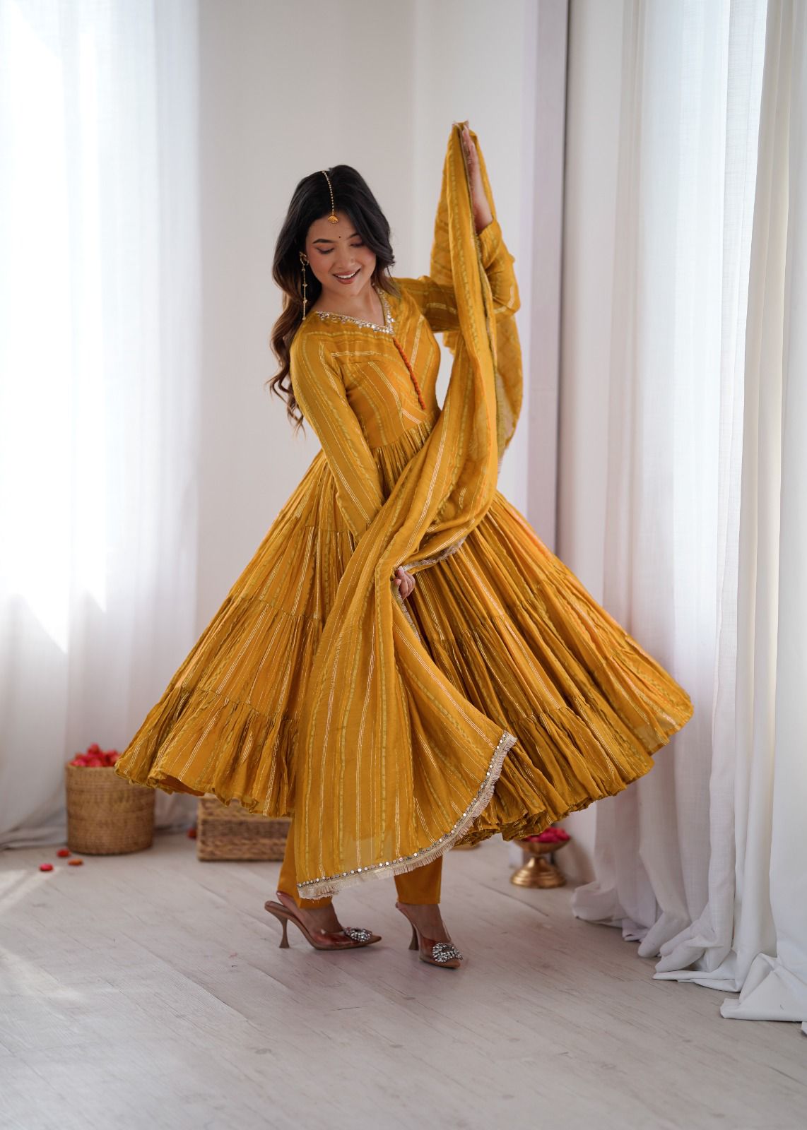 Yellow Mal Chanderi Ruffle Kurta Set