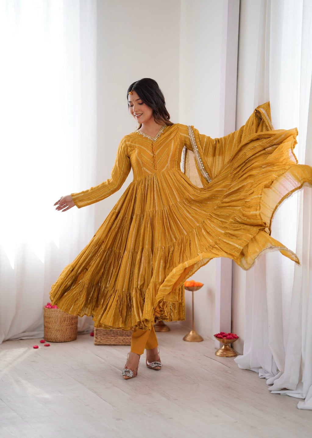 Yellow Mal Chanderi Ruffle Kurta Set