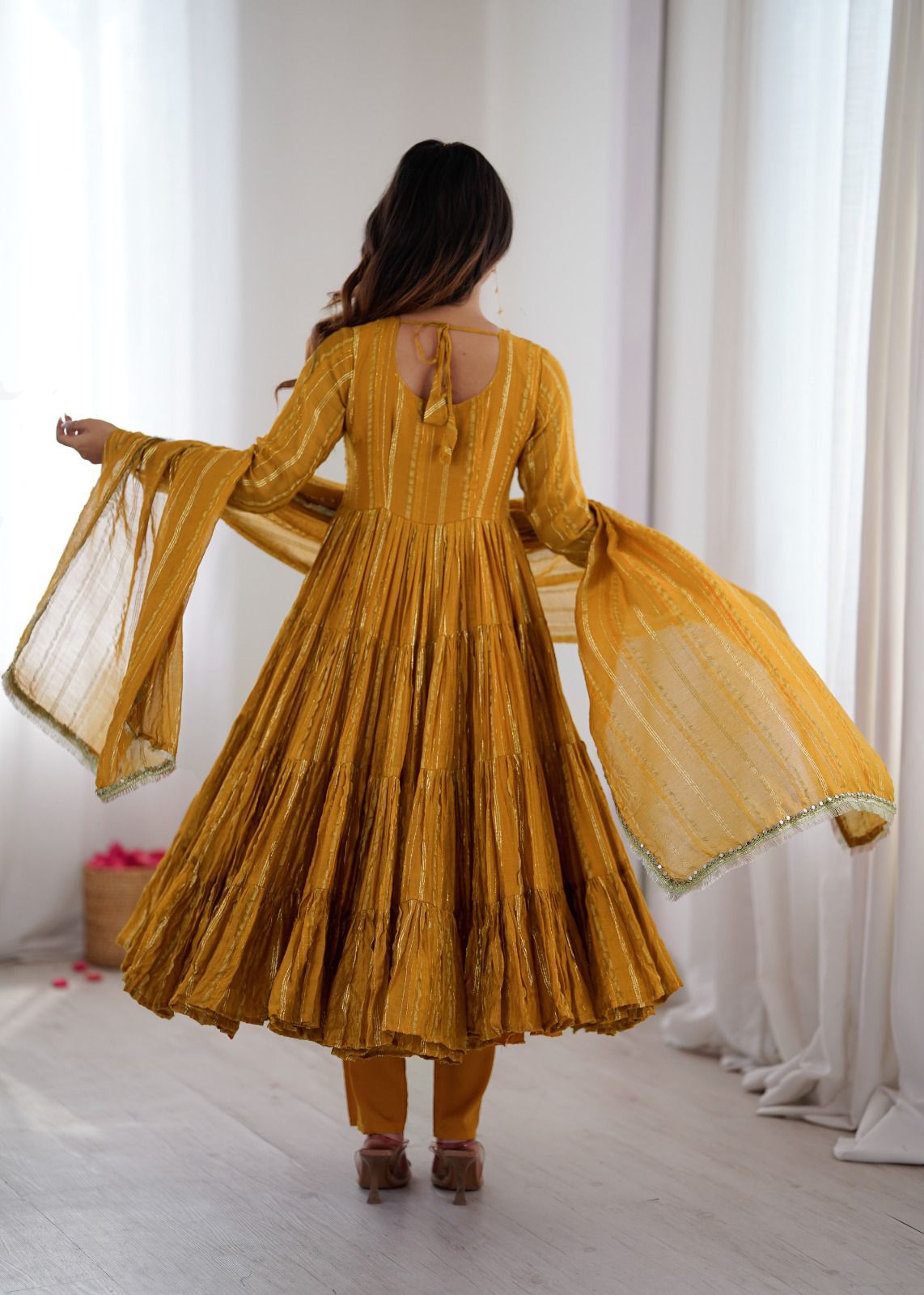 Yellow Mal Chanderi Ruffle Kurta Set