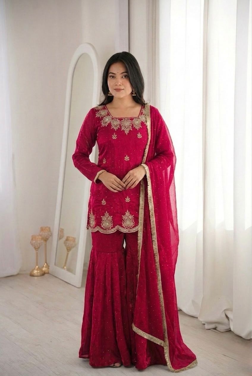 Dark Rani Embroidery Sequence Work Sharara Set