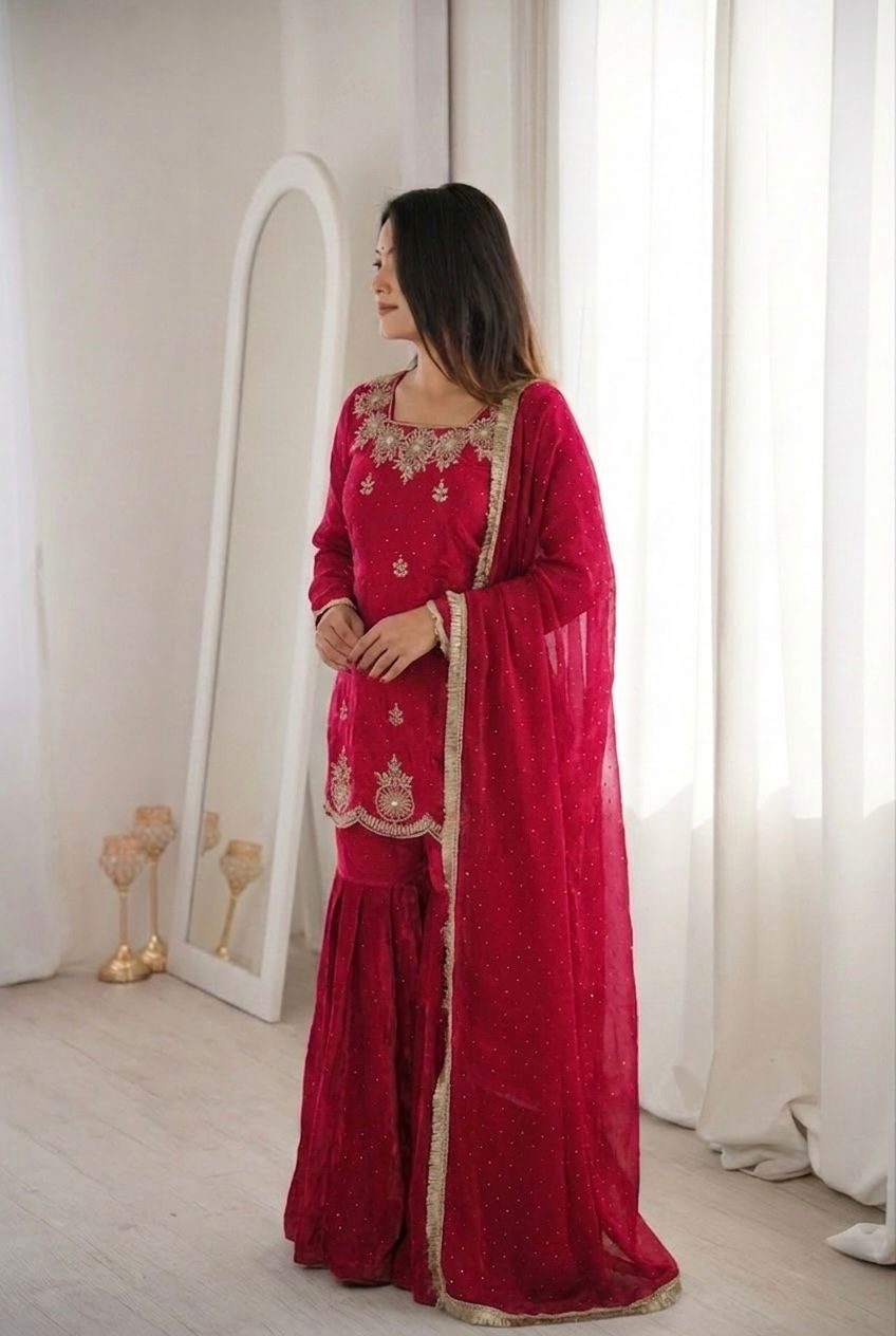 Dark Rani Embroidery Sequence Work Sharara Set