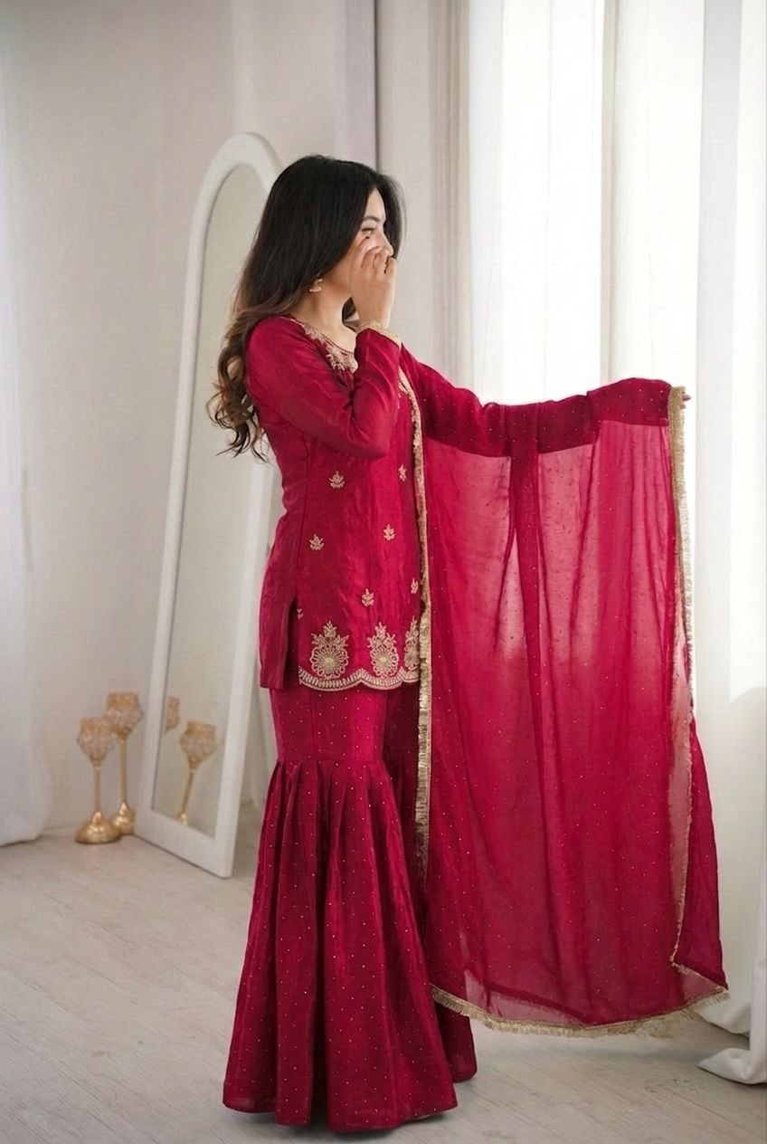 Dark Rani Embroidery Sequence Work Sharara Set