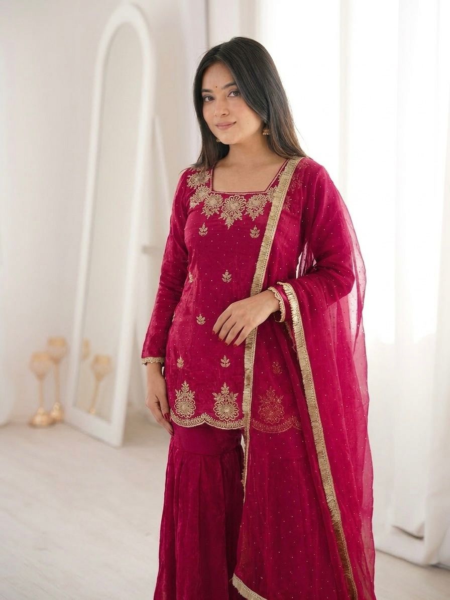 Dark Rani Embroidery Sequence Work Sharara Set