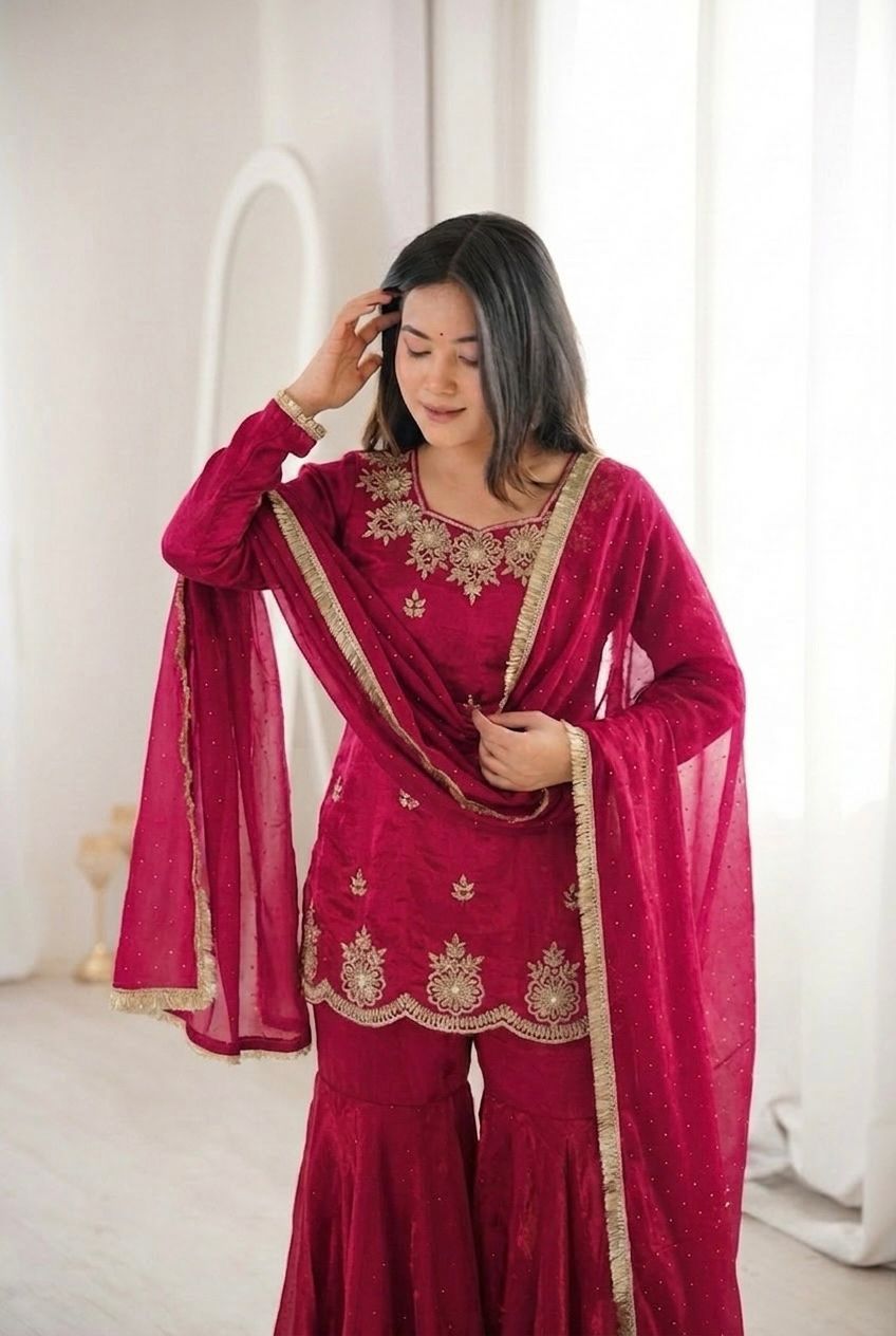 Dark Rani Embroidery Sequence Work Sharara Set