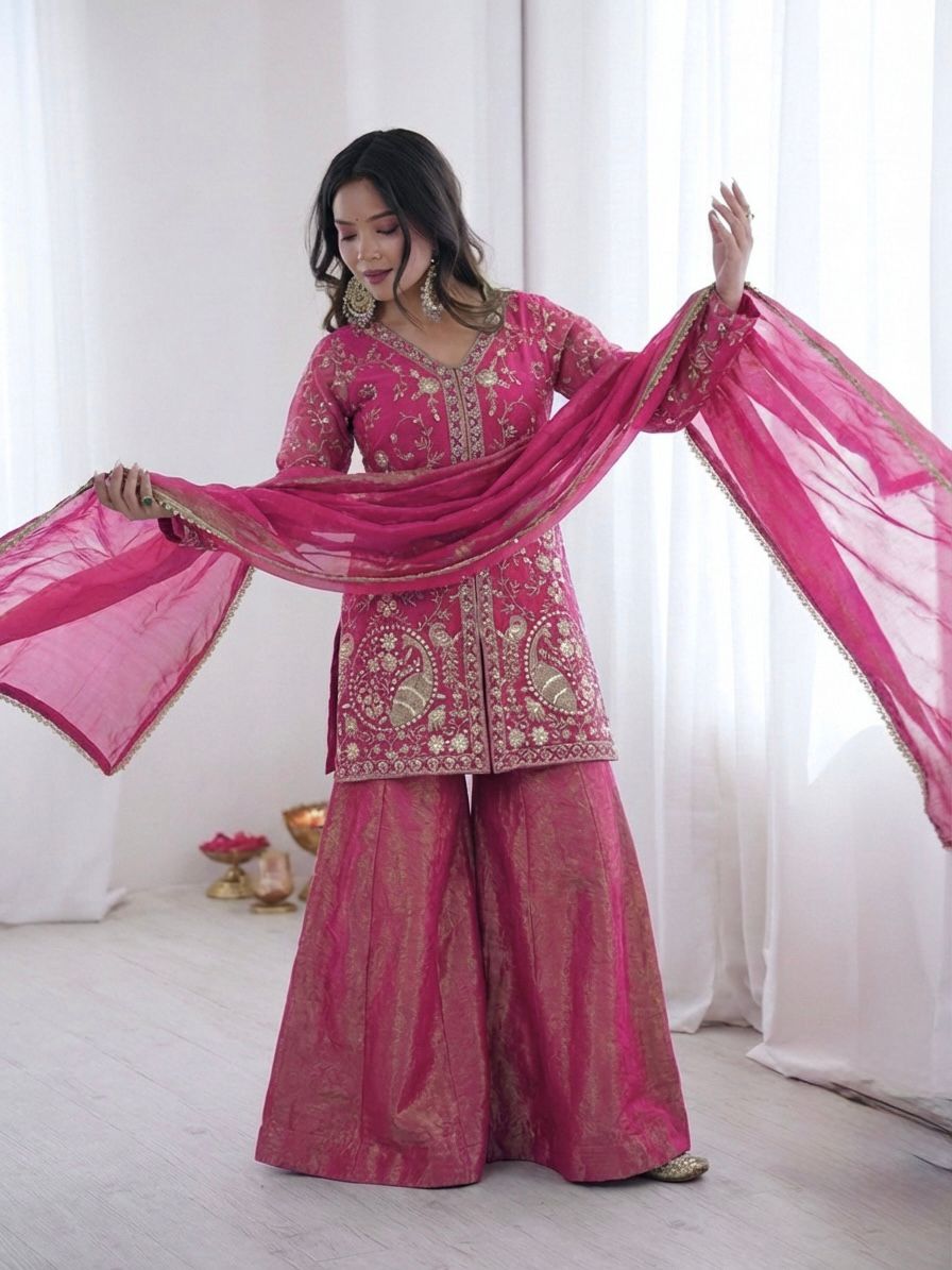 Magenta Heavy Embroidery Sequence Sharara Suit
