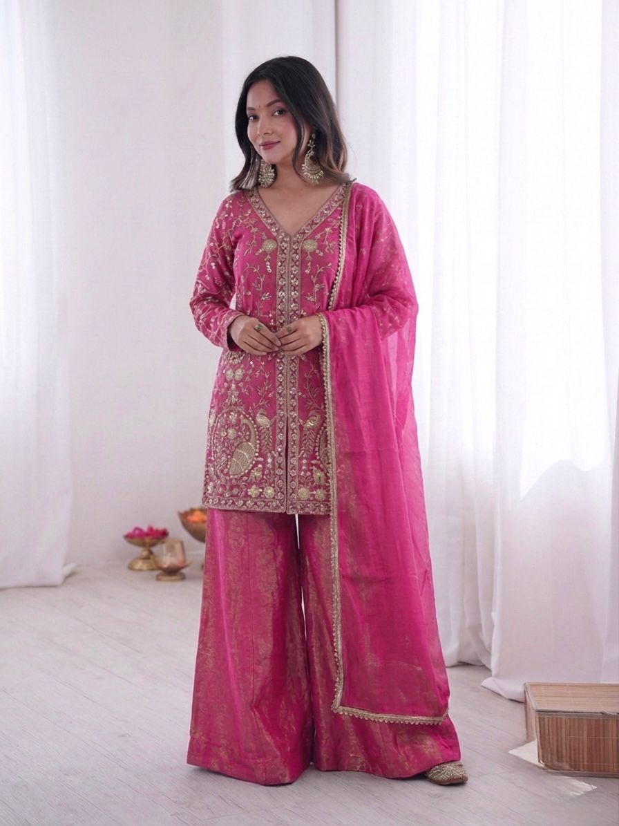 Magenta Heavy Embroidery Sequence Sharara Suit