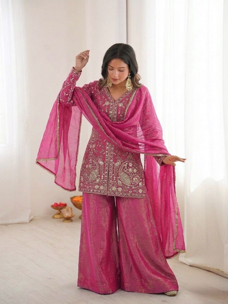 Magenta Heavy Embroidery Sequence Sharara Suit