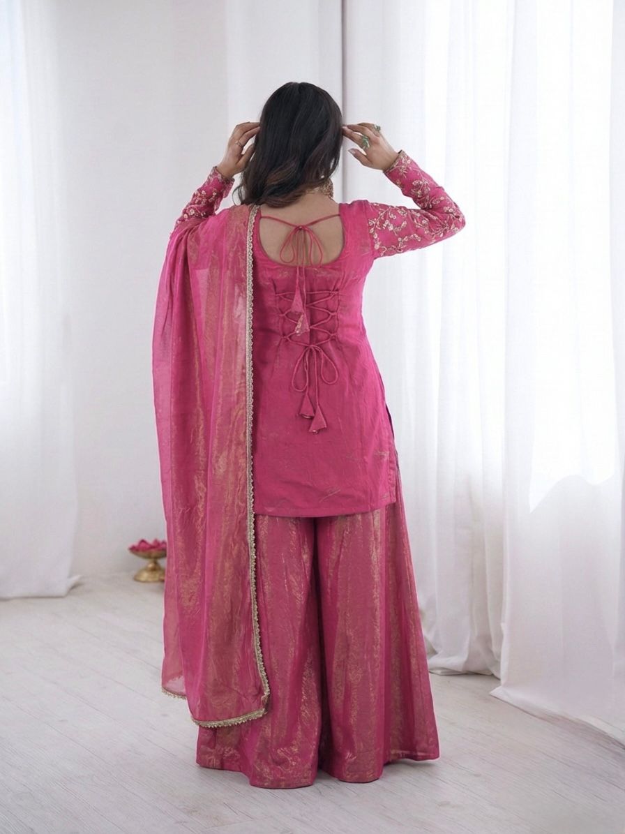 Magenta Heavy Embroidery Sequence Sharara Suit