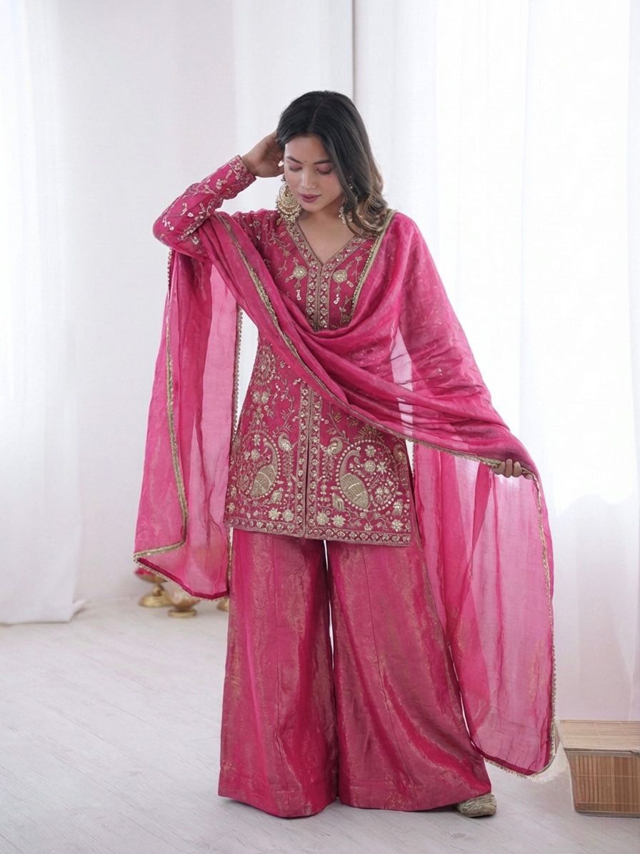 Magenta Heavy Embroidery Sequence Sharara Suit