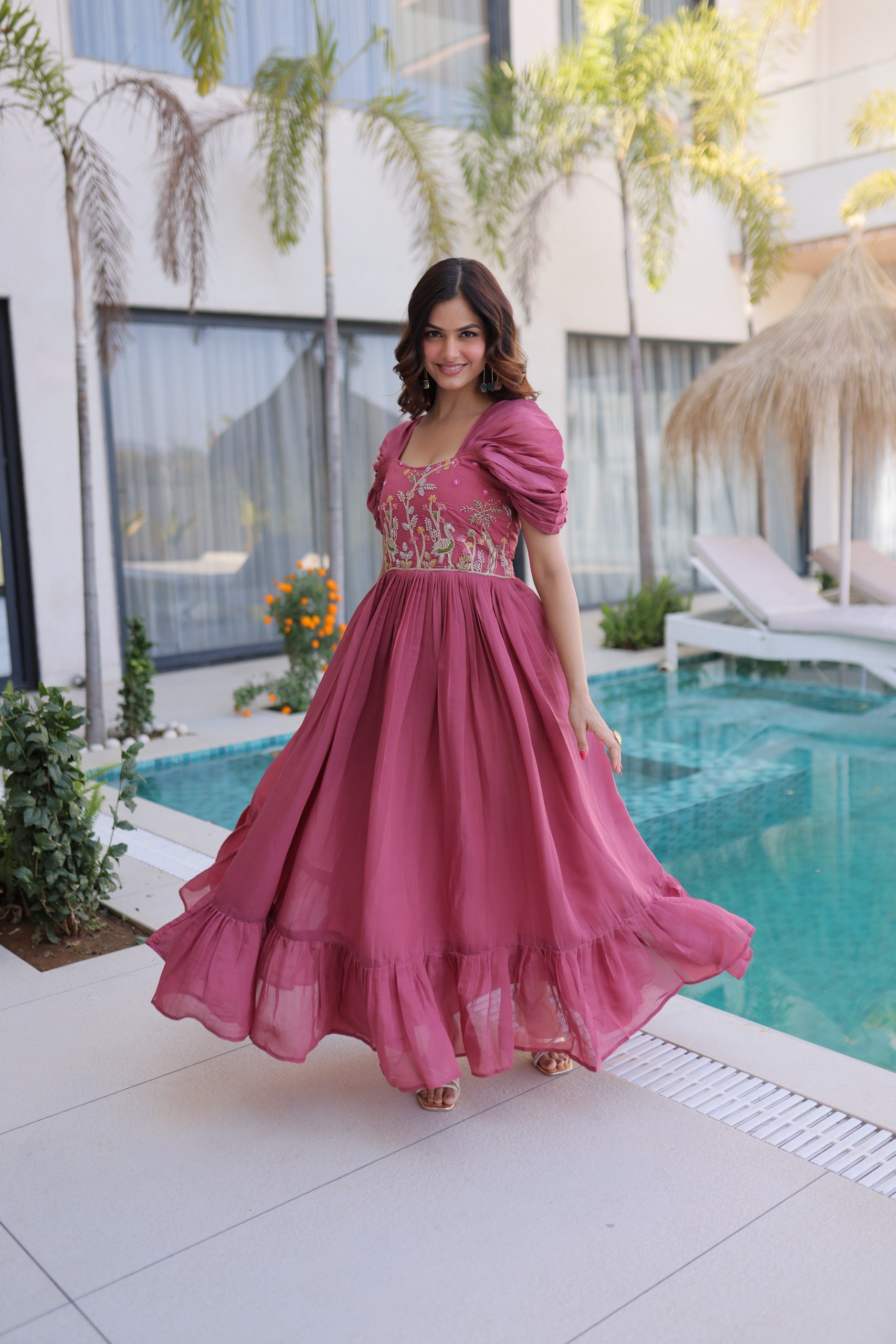 Dusty pink Beads Work Maxi