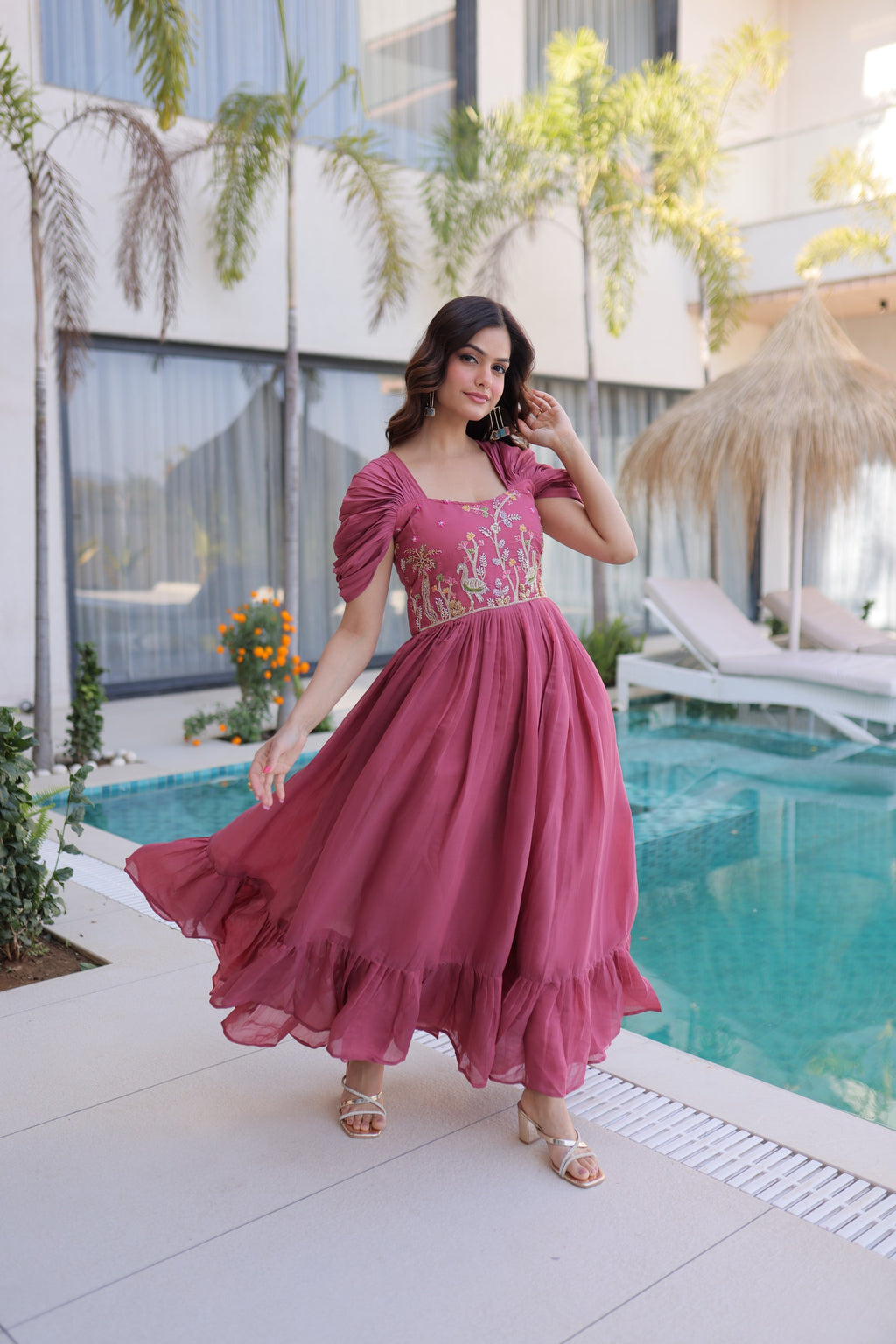 Dusty pink Beads Work Maxi