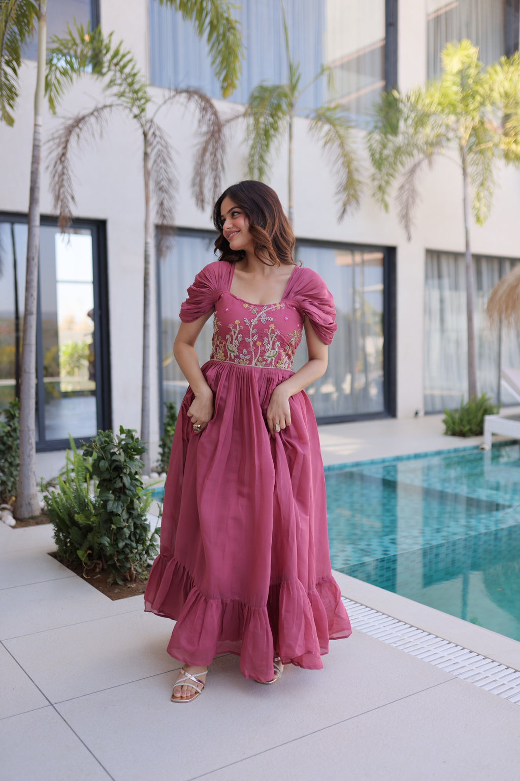 Dusty pink Beads Work Maxi