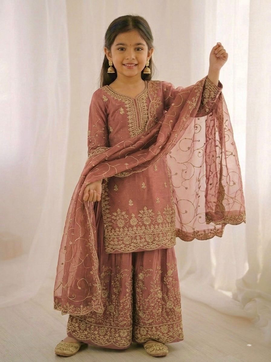 Rust Silk Embroidery Sequence Work Kid's Sharara Suit