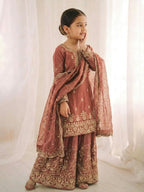 Rust Silk Embroidery Sequence Work Kid's Sharara Suit