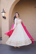 Pink Real Mirror with Zari Embroidered lace work Suit Set