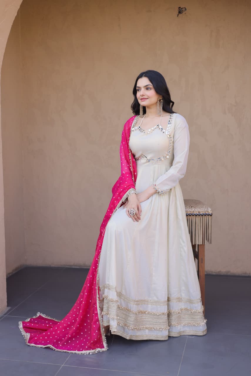 Pink Real Mirror with Zari Embroidered lace work Suit Set