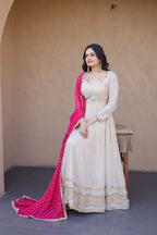 Pink Real Mirror with Zari Embroidered lace work Suit Set