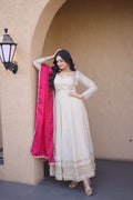Pink Real Mirror with Zari Embroidered lace work Suit Set