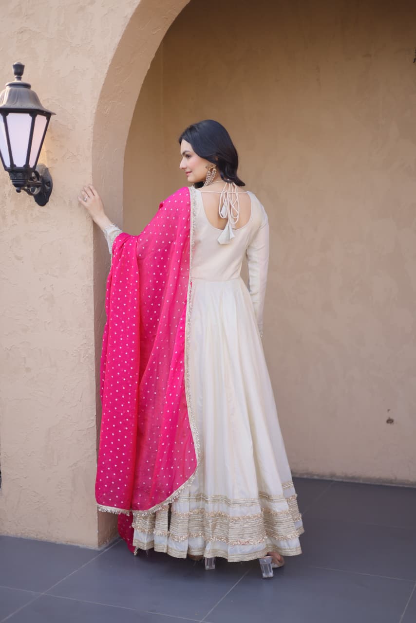 Pink Real Mirror with Zari Embroidered lace work Suit Set