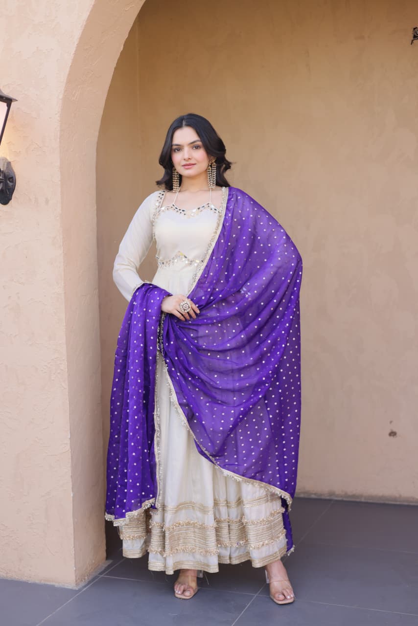 Purple Real Mirror with Zari Embroidered lace work Suit Set