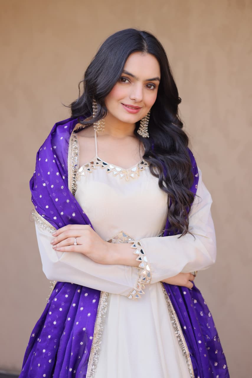 Purple Real Mirror with Zari Embroidered lace work Suit Set