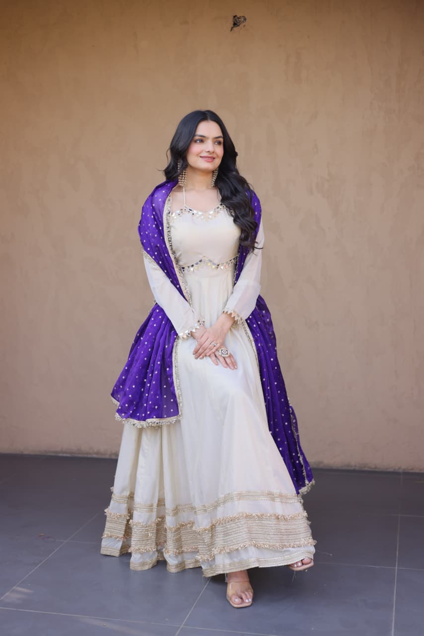 Purple Real Mirror with Zari Embroidered lace work Suit Set