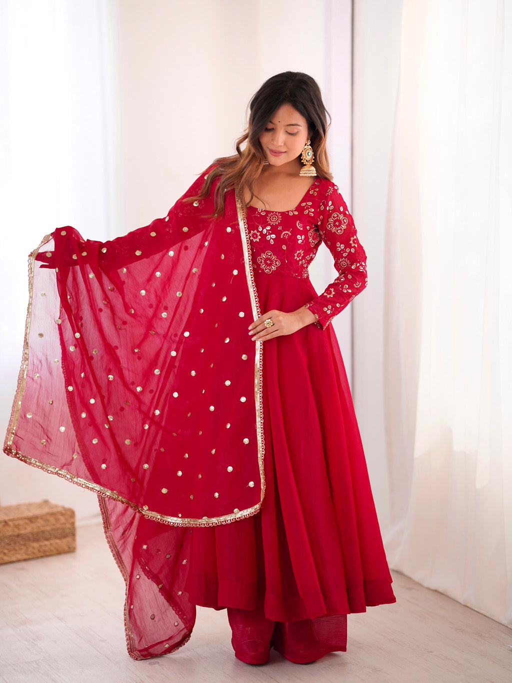 Dark Red Crunchy Silk Embroidery Suit Set