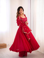 Dark Red Crunchy Silk Embroidery Suit Set