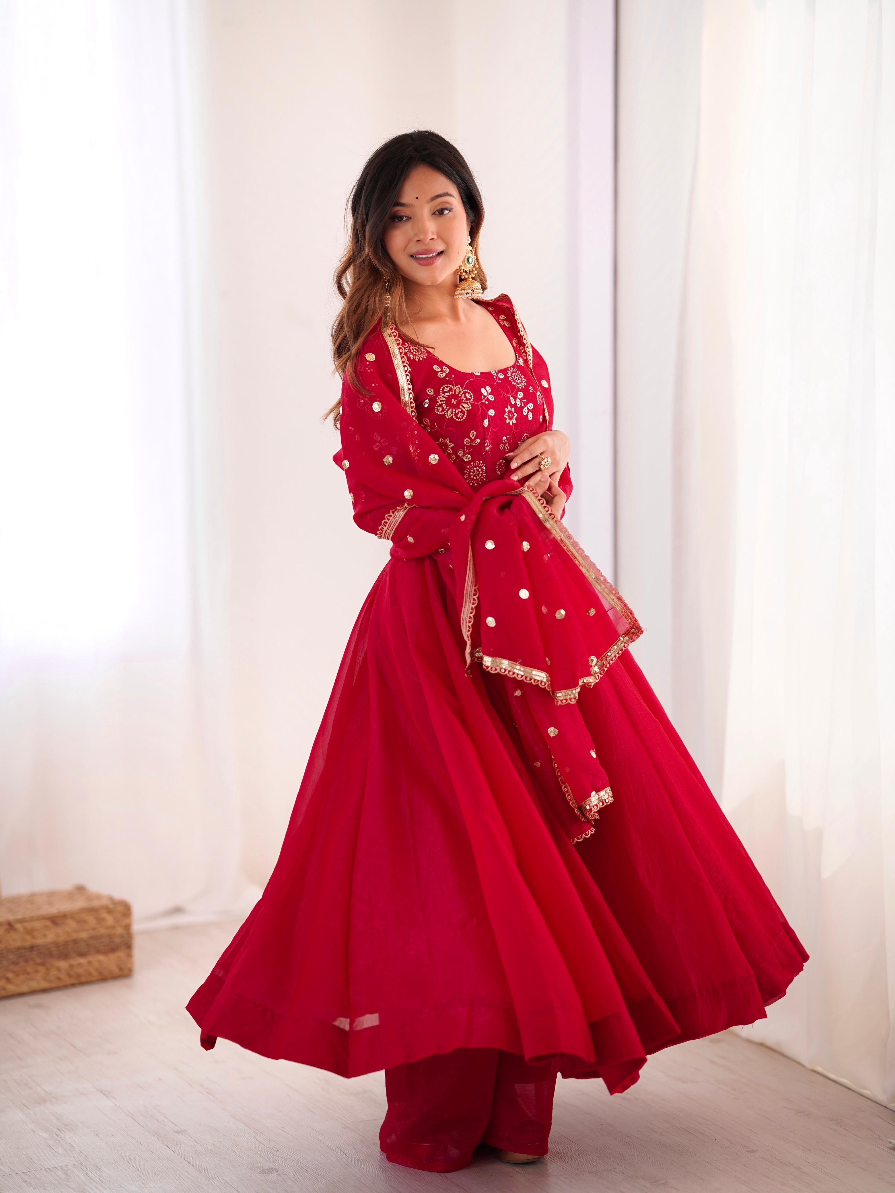 Dark Red Crunchy Silk Embroidery Suit Set