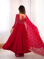 Dark Red Crunchy Silk Embroidery Suit Set