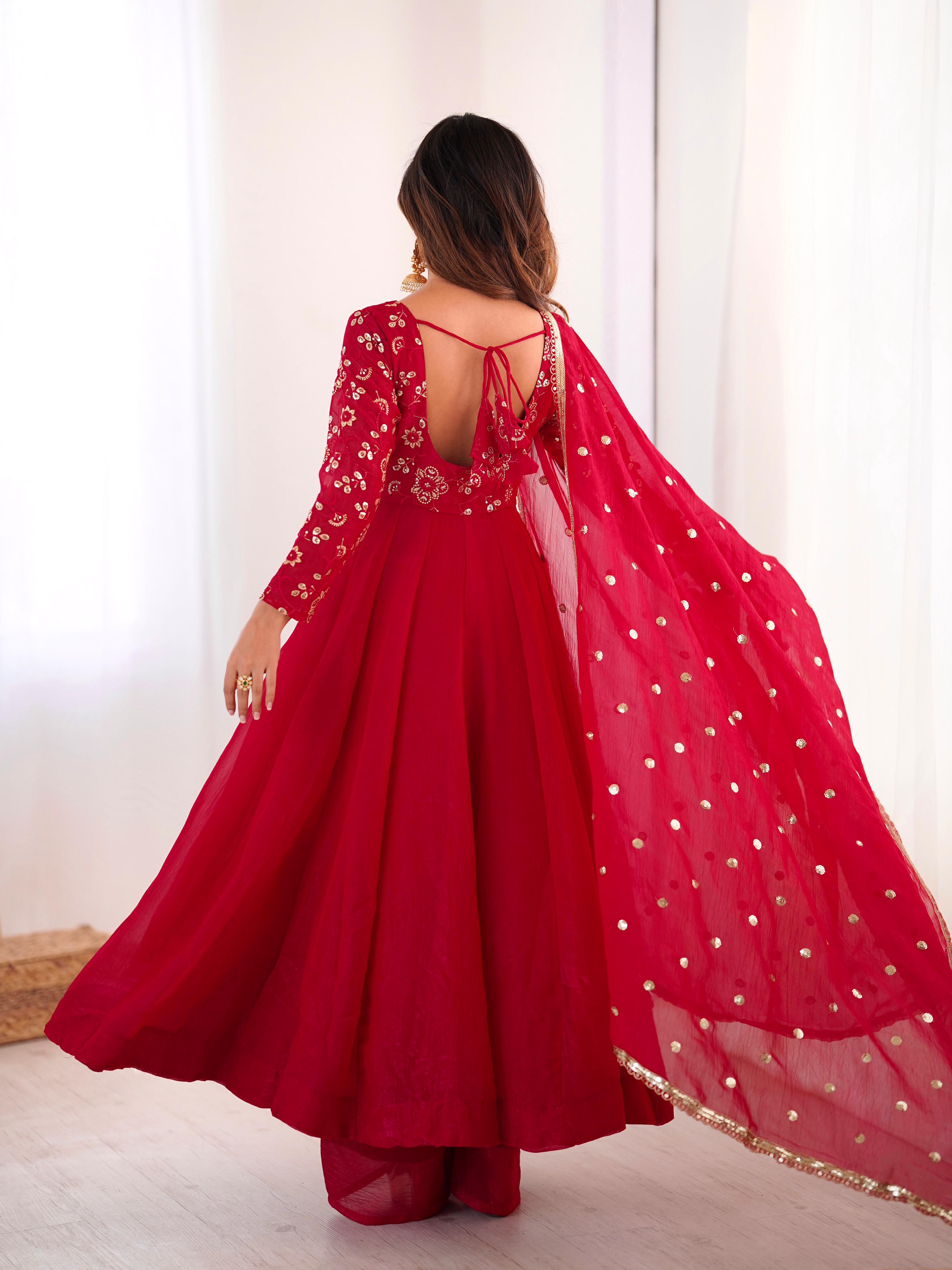 Dark Red Crunchy Silk Embroidery Suit Set