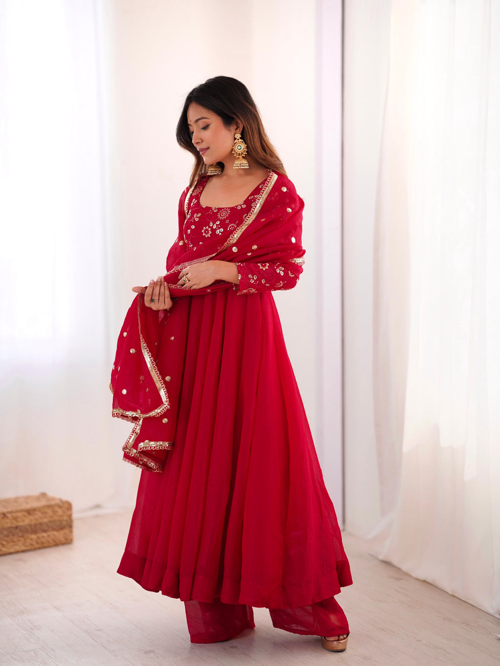 Dark Red Crunchy Silk Embroidery Suit Set