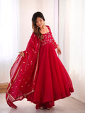 Dark Red Crunchy Silk Embroidery Suit Set