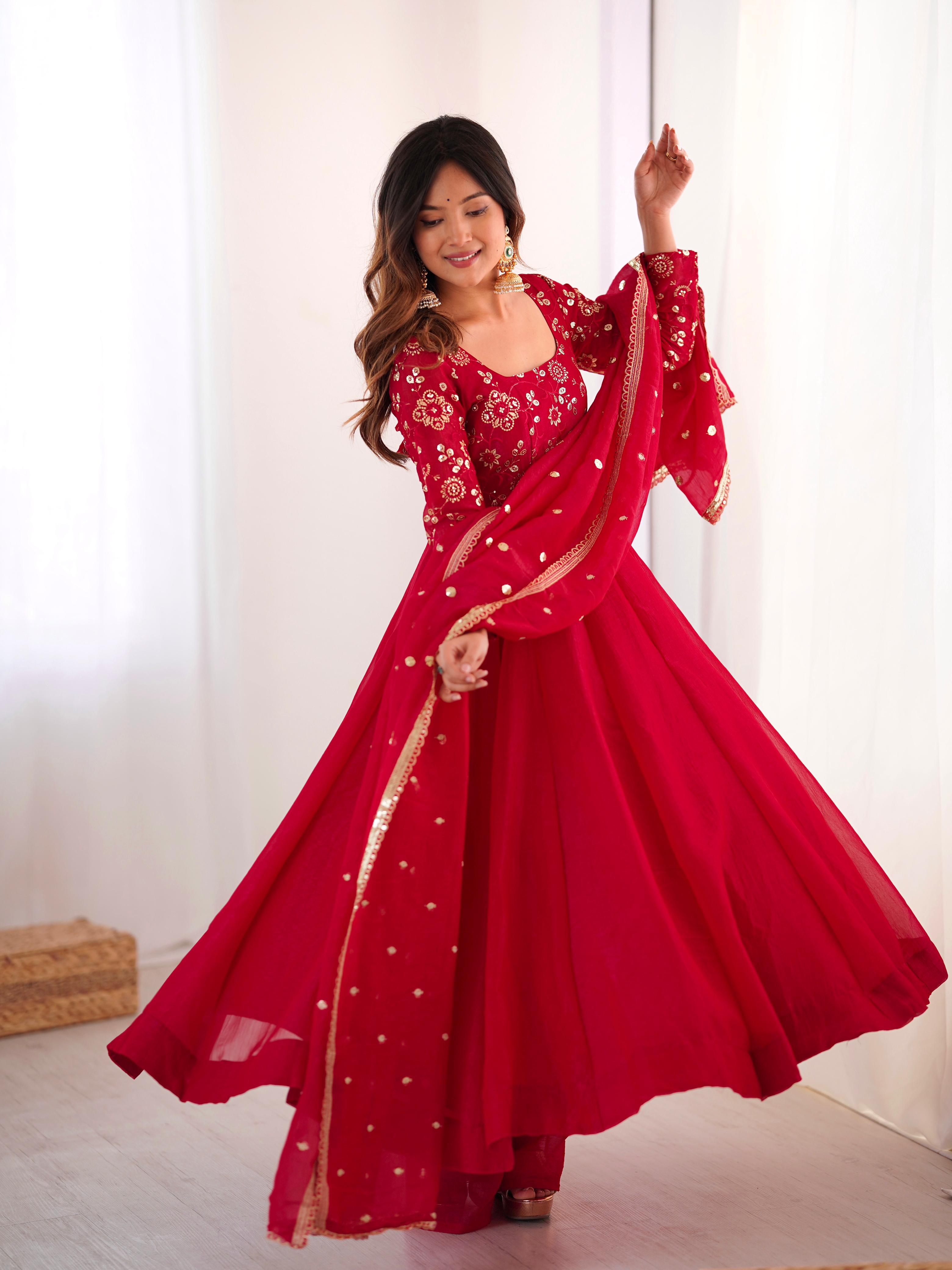 Dark Red Crunchy Silk Embroidery Suit Set