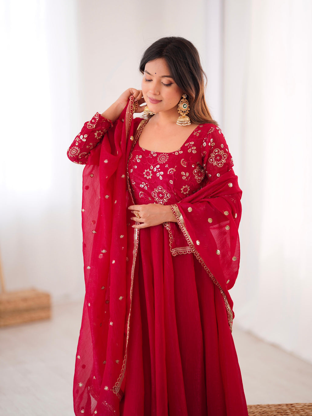 Dark Red Crunchy Silk Embroidery Suit Set