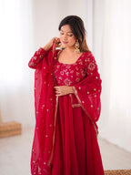 Dark Red Crunchy Silk Embroidery Suit Set