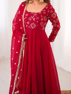 Dark Red Crunchy Silk Embroidery Suit Set