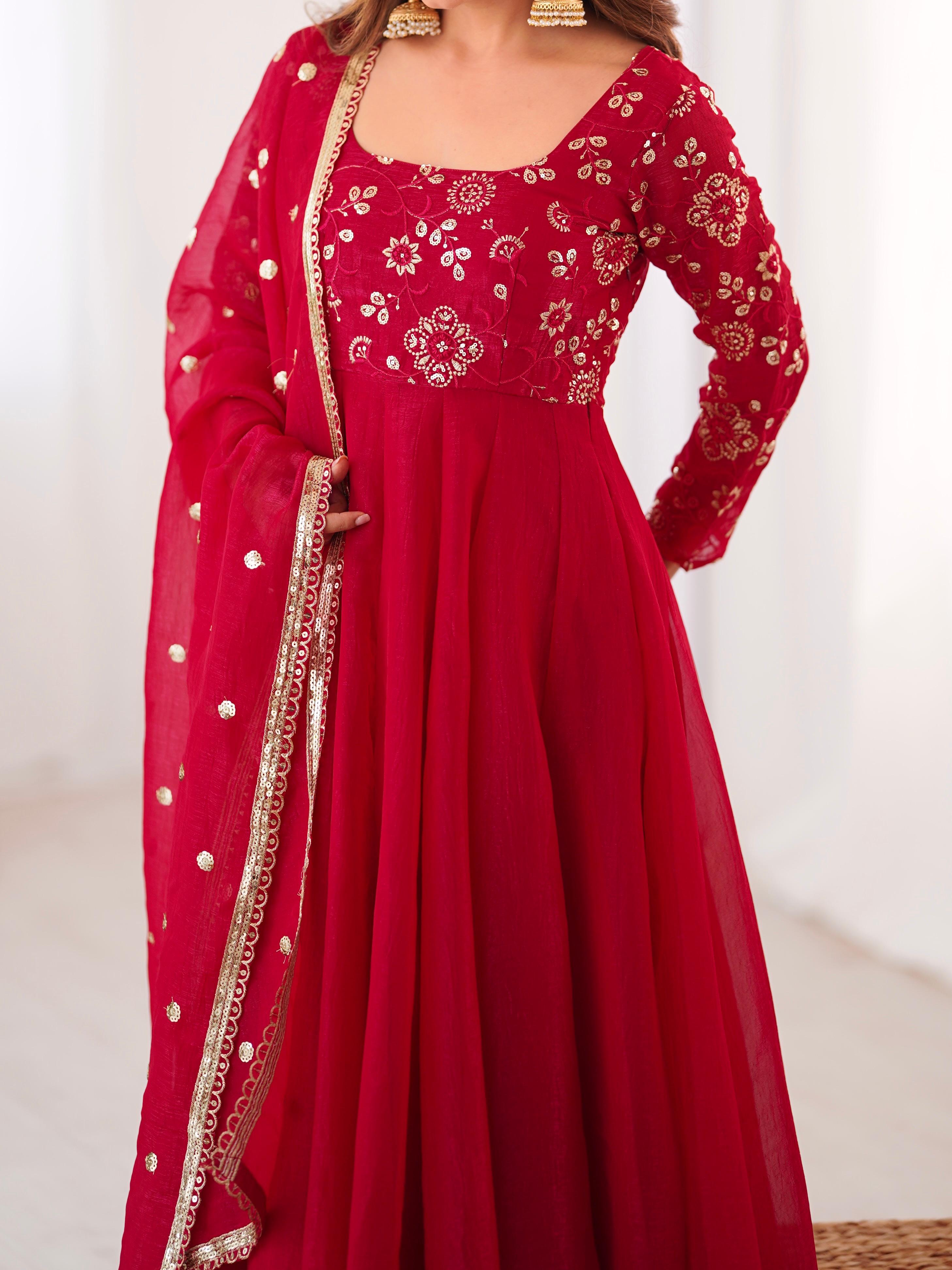 Dark Red Crunchy Silk Embroidery Suit Set