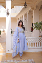 Blue Mal Chanderi Beads embroidery work Suit Set