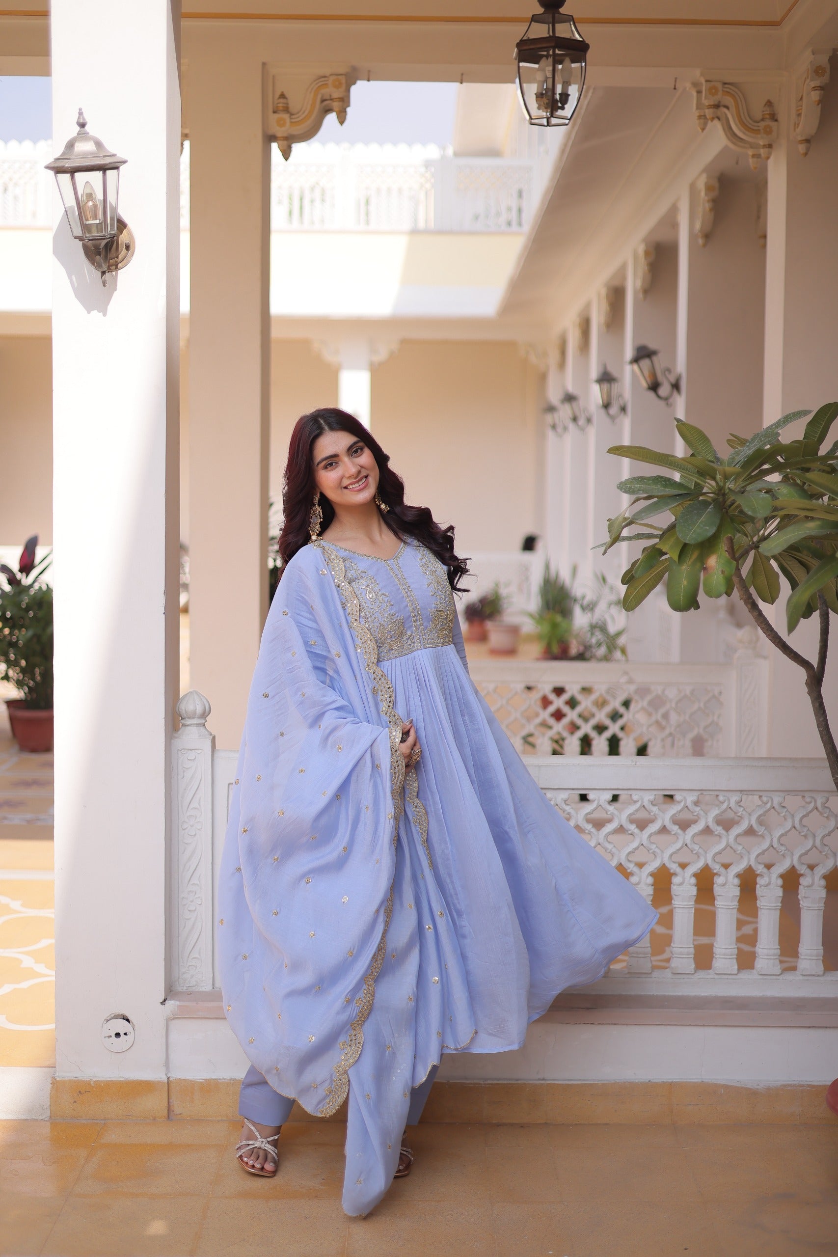 Blue Mal Chanderi Beads embroidery work Suit Set