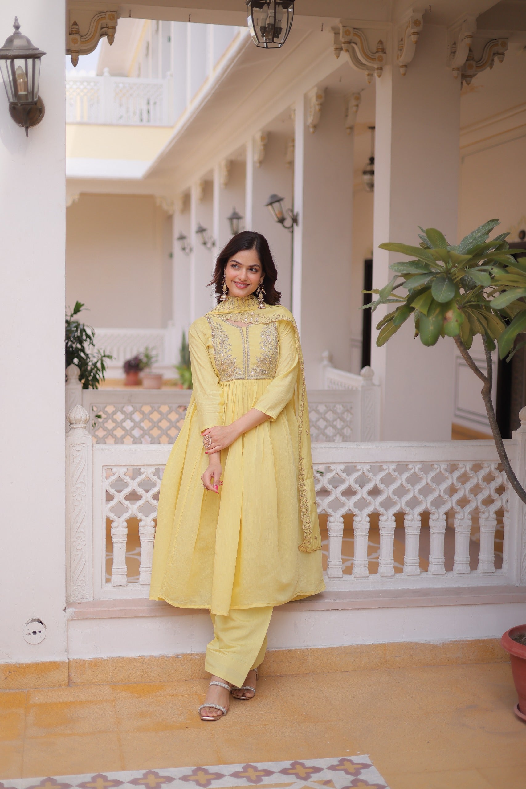 Yellow Mal Chanderi Beads embroidery work Suit Set
