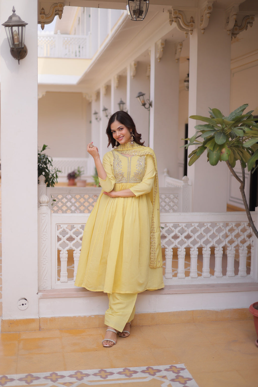 Yellow Mal Chanderi Beads embroidery work Suit Set
