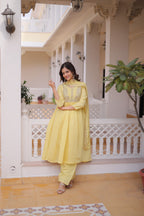 Yellow Mal Chanderi Beads embroidery work Suit Set