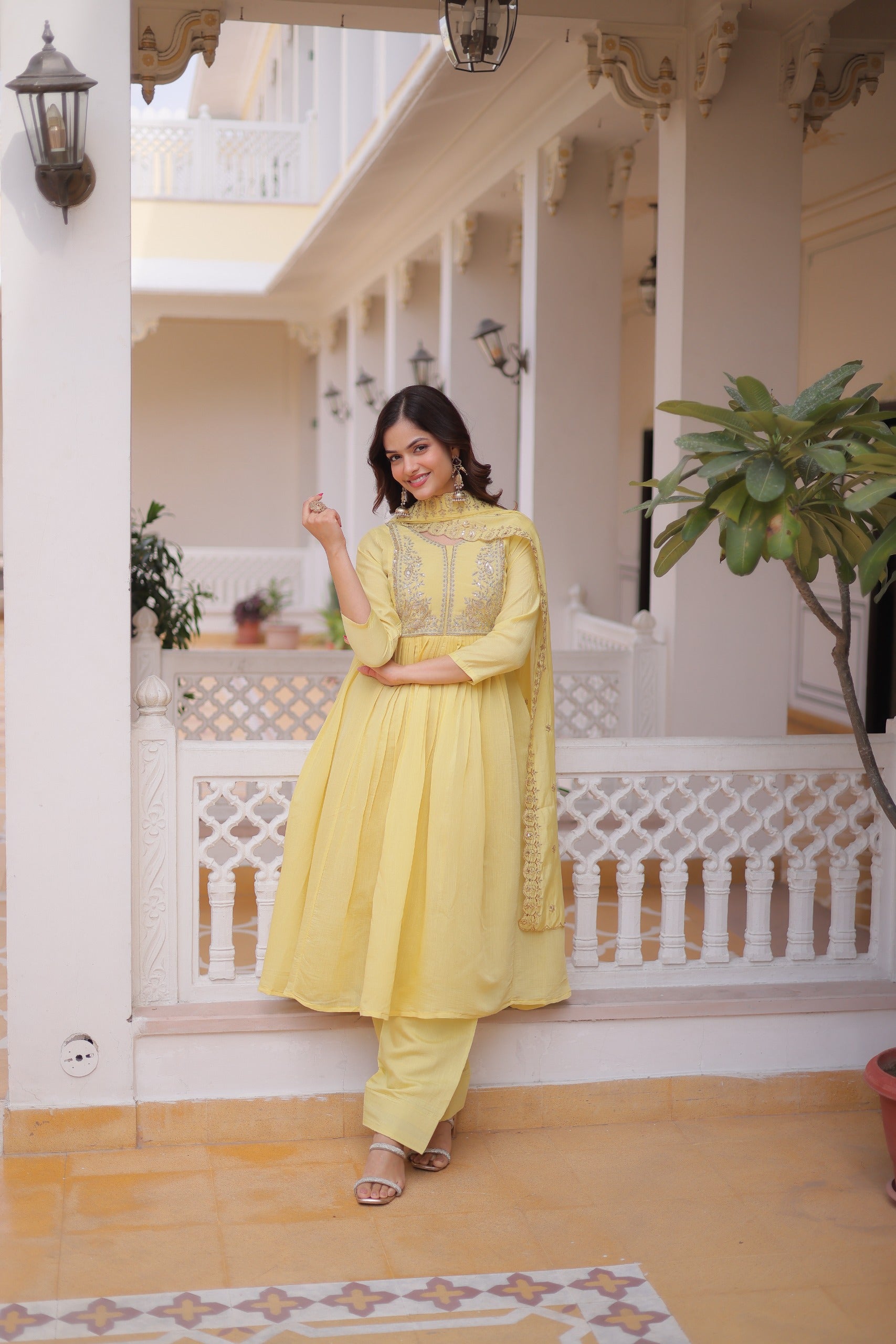 Yellow Mal Chanderi Beads embroidery work Suit Set