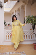 Yellow Mal Chanderi Beads embroidery work Suit Set