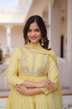 Yellow Mal Chanderi Beads embroidery work Suit Set