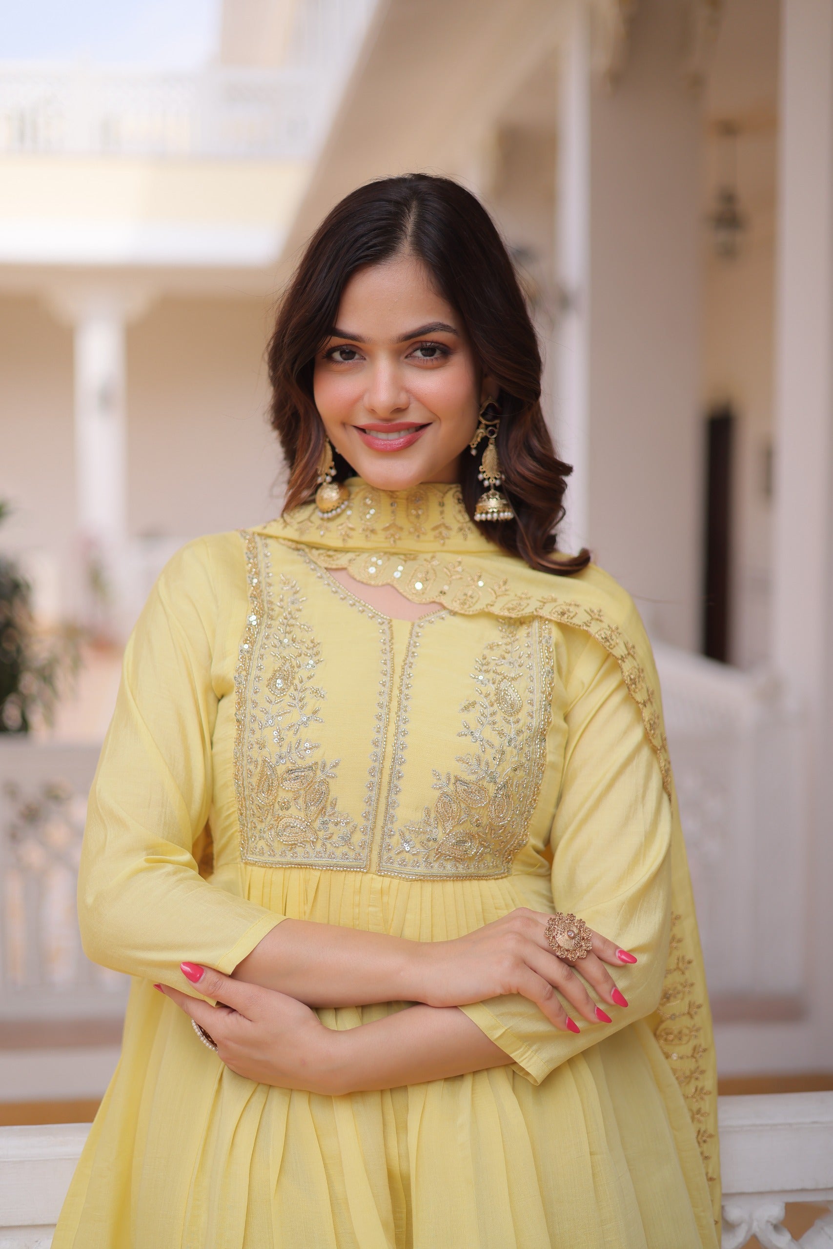 Yellow Mal Chanderi Beads embroidery work Suit Set